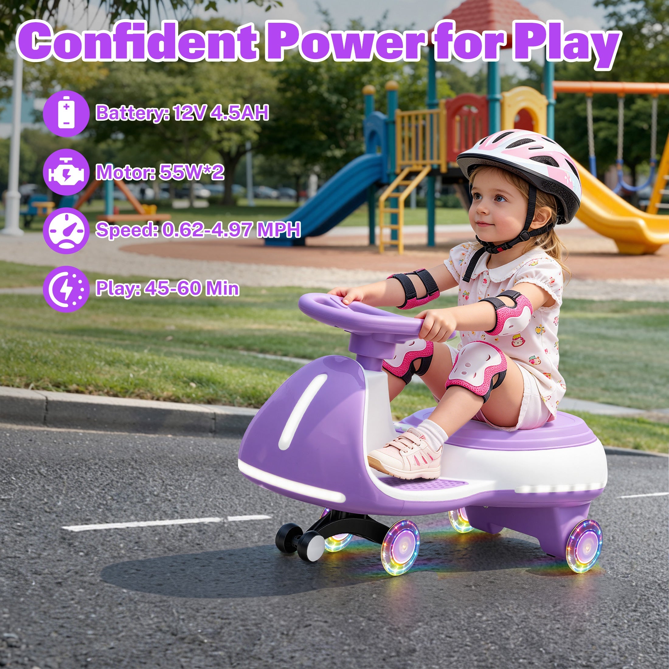 12V Electric Wiggle Car for Kids, Toddlers Ride on Toys with Pedal, Display, Flashing PU Wheels, LED Light, Bluetooth Music, Max Speed 5 MPH, Kids Ride on Cars for Boys Girls 3+, Purple