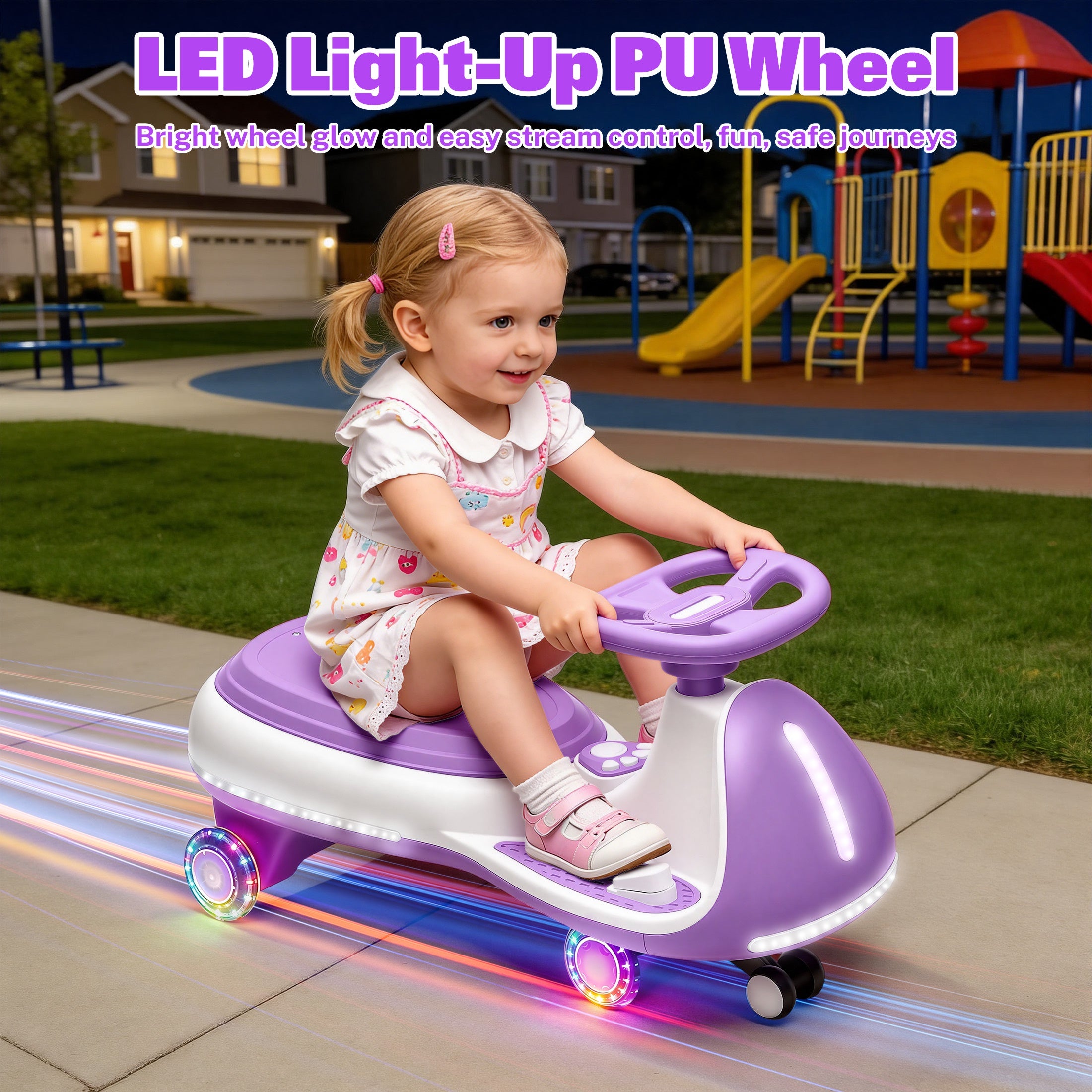 12V Electric Wiggle Car for Kids, Toddlers Ride on Toys with Pedal, Display, Flashing PU Wheels, LED Light, Bluetooth Music, Max Speed 5 MPH, Kids Ride on Cars for Boys Girls 3+, Purple