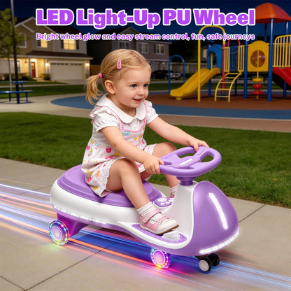 12V Electric Wiggle Car for Kids, Toddlers Ride on Toys with Pedal, Display, Flashing PU Wheels, LED Light, Bluetooth Music, Max Speed 5 MPH, Kids Ride on Cars for Boys Girls 3+, Purple