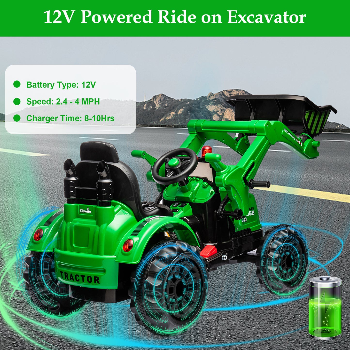 iYofe 12V Ride on Excavator with Front Digger Kids Ride on Car Electric Construction for 3-6 Years Old Boys and Girls Backhoe Ride on, 3 Speeds, Green