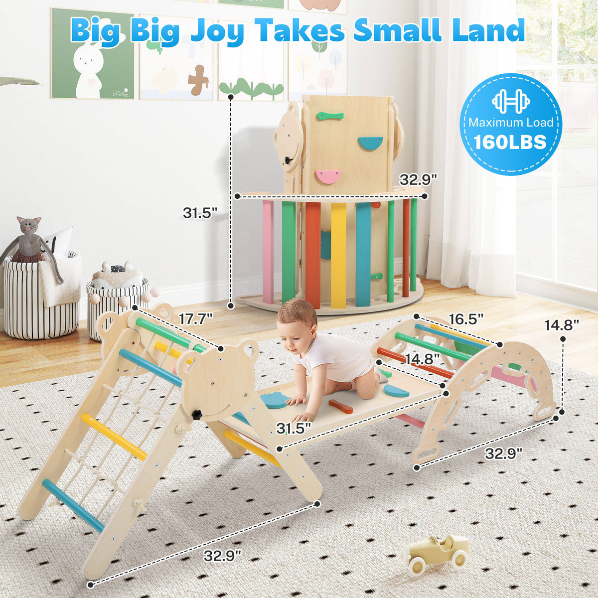 iYofe Pikler Triangle Set, Wooden Toddler Climber with Arch, Ramp, Climbing Net and 2 Wooden Cars, Indoor Play Gym for Ages 1-3