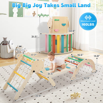 iYofe Pikler Triangle Set, Wooden Toddler Climber with Arch, Ramp, Climbing Net and 2 Wooden Cars, Indoor Play Gym for Ages 1-3