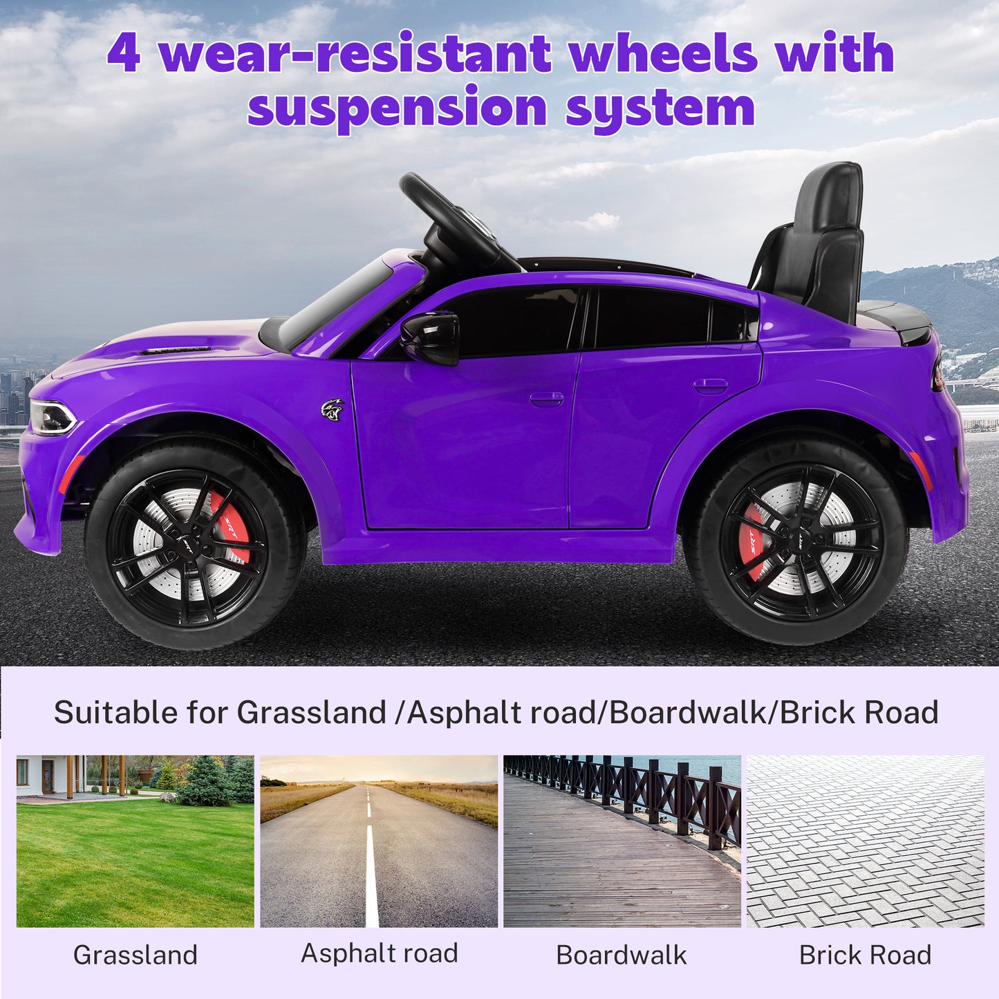 Dodge Electric Ride on Cars for Kids, 12V Licensed Dodge Charger SRT Powered Ride On Toys Cars with Parent Remote Control, Electric Car for Girls 3-5 w/Music Player/LED Headlights/Safety Belt, Purple