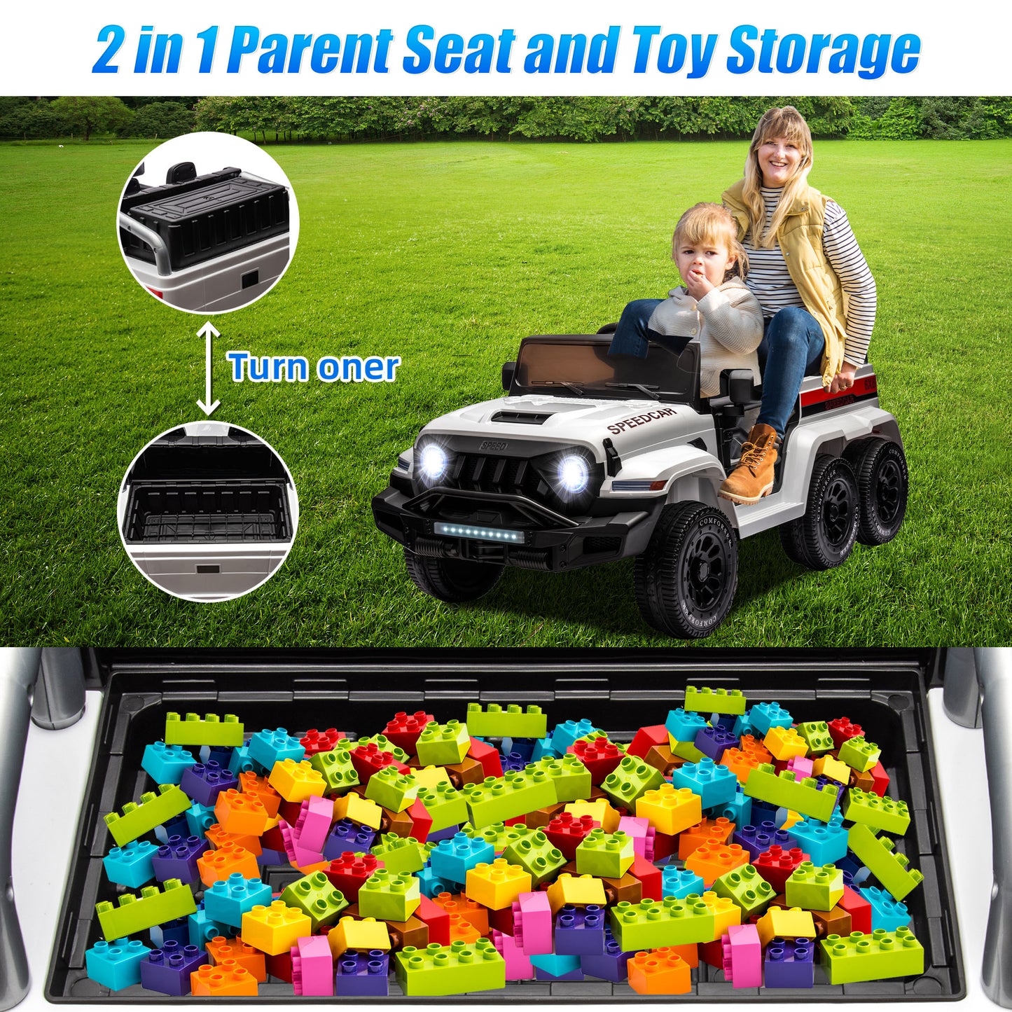 24V 2 Seats Ride on Car with Remote Control Ride on Toy for Boys and Girls 3-6 Years Old Electric Vehicle for Kids Ride on Truck, Bluetooth, Swing Mode