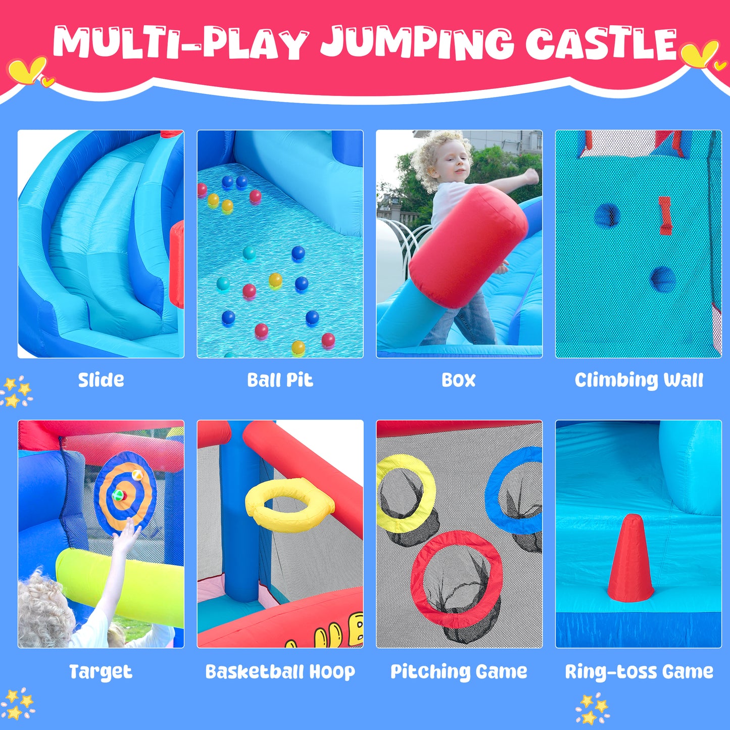 Bounce House with Blower, Outdoor Bounce Castle with Slide/Basketball Hoop/Ball Pit/Ring-toss Game/Pitching Game, Jump House for Kids Toddlers Ages 3-12