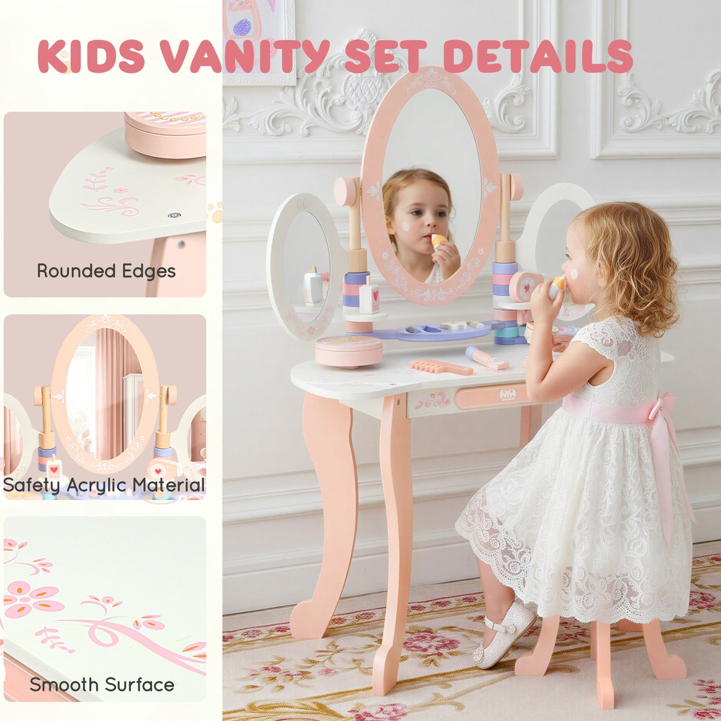 Kids Vanity Set for Girls with Mirror, 12PCS Toddler Vanity Table and Chair Set with Makeup Toys, Wood Dressing Table with Jewelry Box, Eyeshadow, Comb, Pink