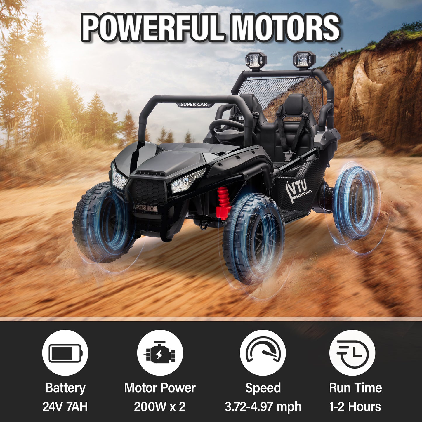 24V Ride on Car for 2 Kids, 2 Seater Kids Ride on UTV Cars, 400W Super Power Electric Cars with Remote Control, Bluetooth, Rear Storage Space, 4 Wheel suspension, LED Light, Rear Searchlight