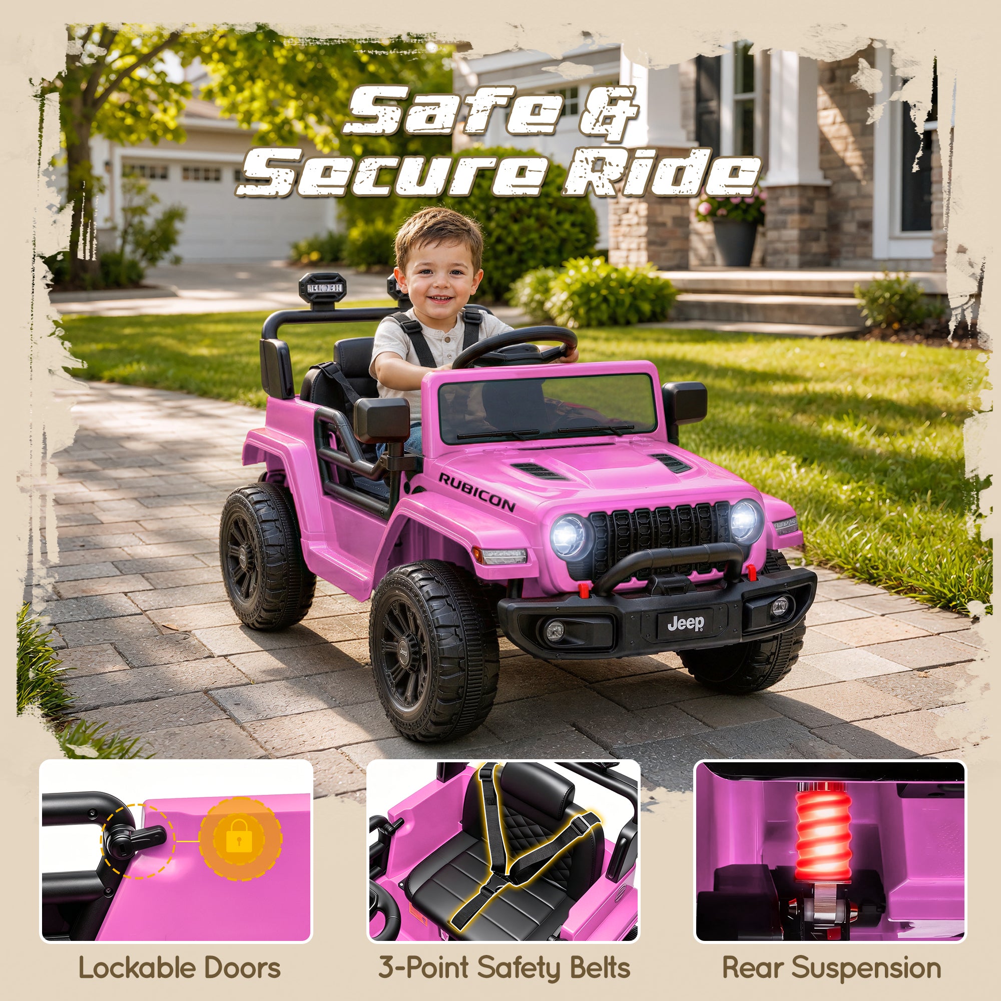 iYofe 12V Ride On Cars for Kids, Licensed Jeep Rubicon Powered Electric Car w/Dual Wheels Suspension, Parent Remote Control, Lights, Music, Ride On Toys for Boys Girls Age 3+, Pink