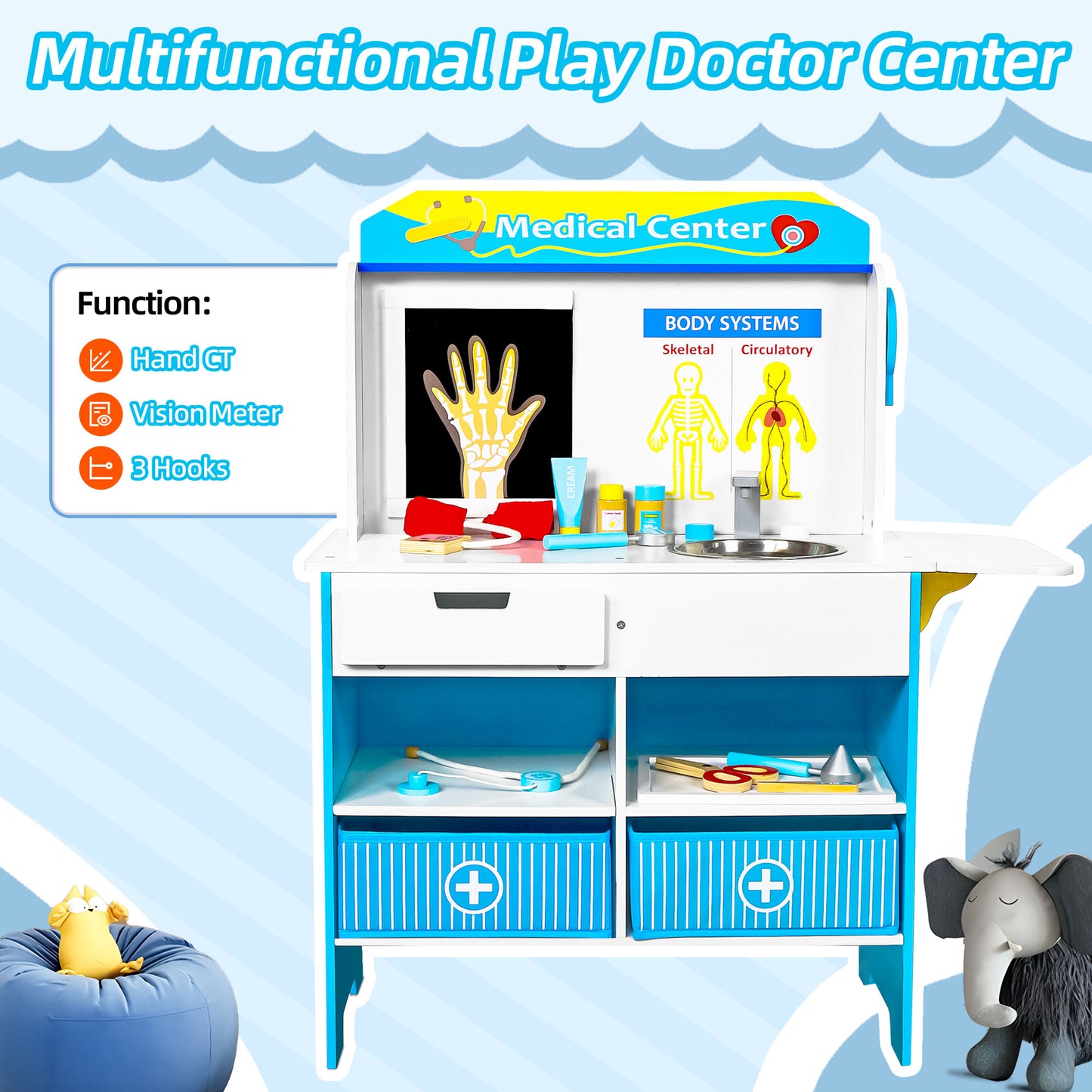 iYofe Play Doctor Activity Center Toy Medical Station Kids Wooden Play Doctor Kit Pretend Doctor Play Set for 3 Age+, 16 Accessories, Gift for Girls and Boys, Blue