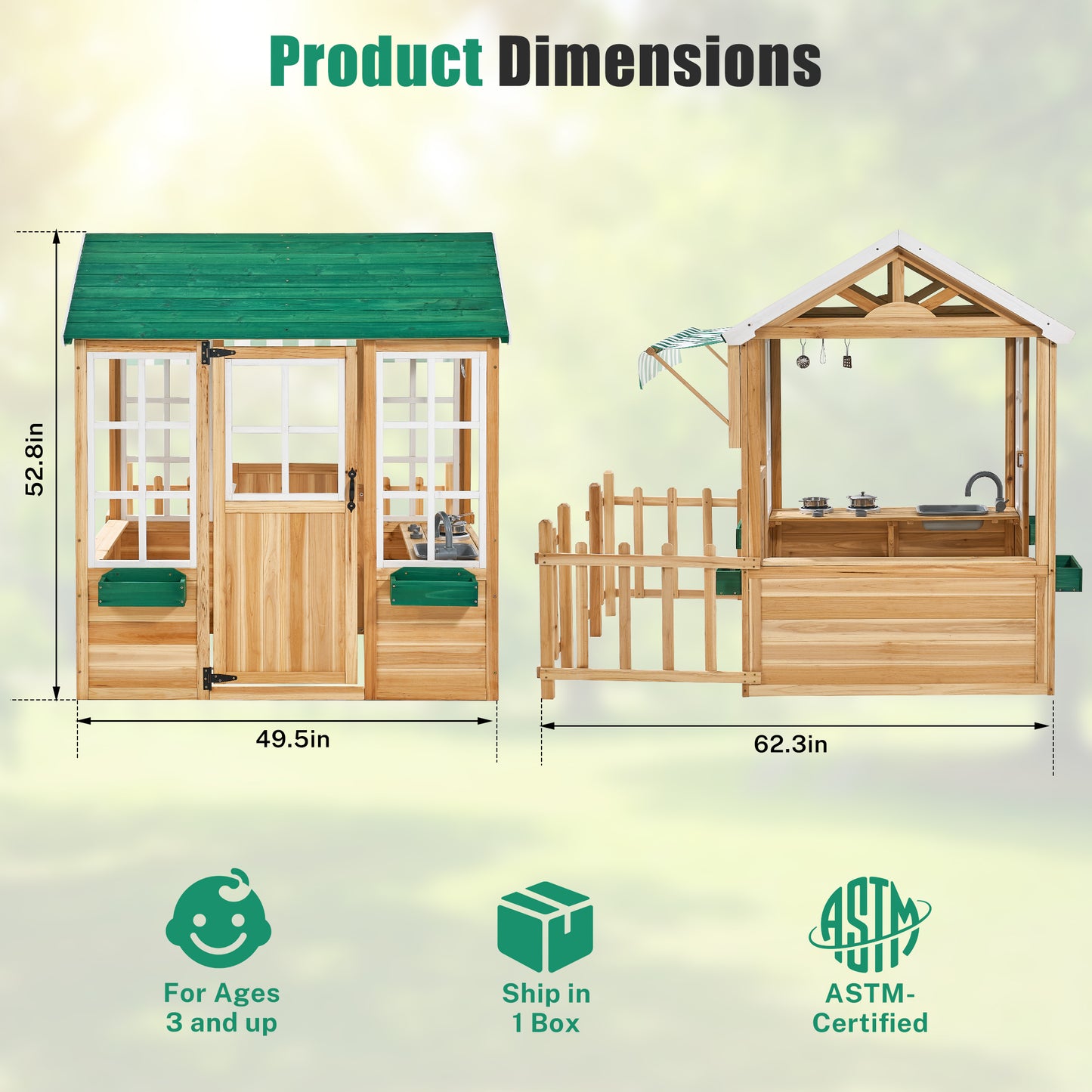 iYofe Outdoor Playhouse, Wooden Play Houses for Toddlers 1-3, Outside Playhouse with KitchenToyset, Flowerpot Holders, Fence (49.5"x62.3"x52.8")