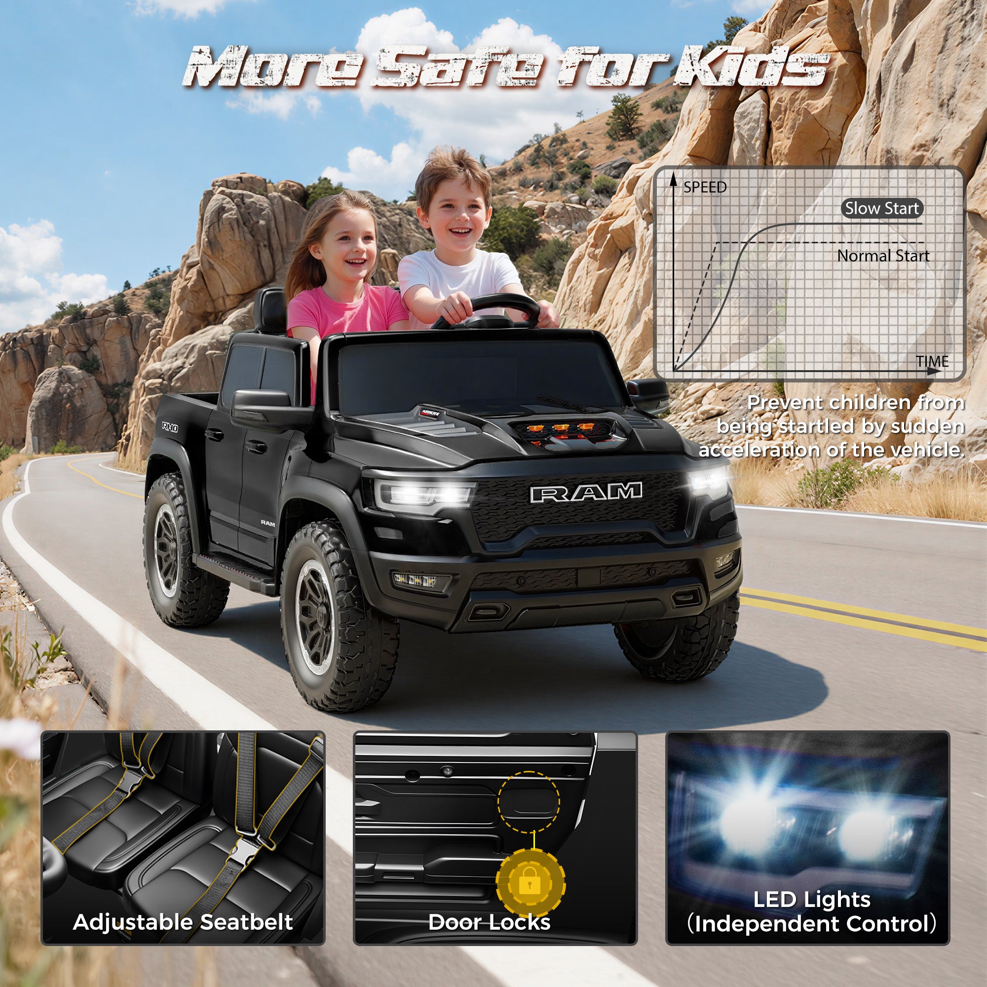 iYofe Ram 24V Ride on Car 2 Seater, Ram 1500 RHO Battery Powered Electric Car Truck with 4 Wheels, Ride on Toy with Remote Control for Big Kids Toddlers 3-8 Boys Girls, Bluetooth & Trunk
