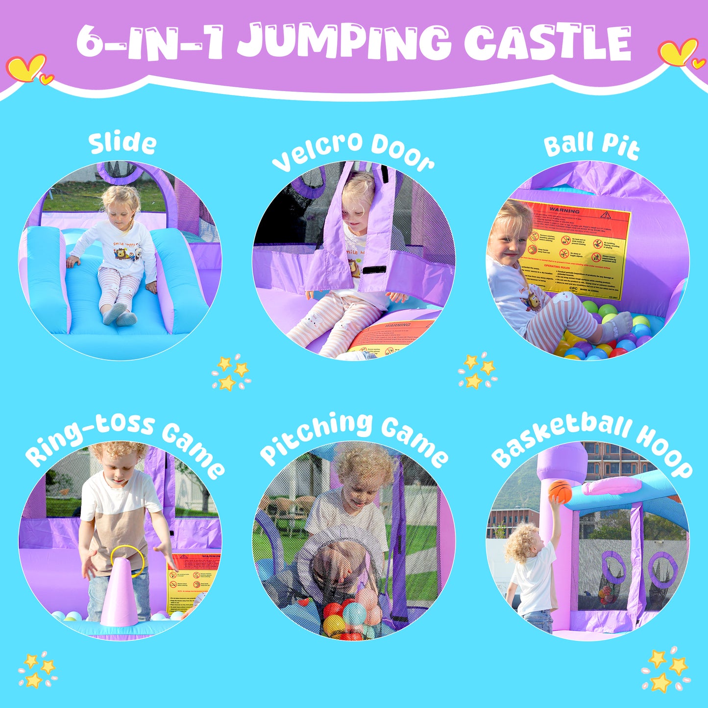 Bounce House with Blower, Outdoor Bounce Castle with Slide/Basketball Hoop/Ball Pit/Ring-toss Game/Pitching Game, Jump House for Kids Toddlers Ages 3-12