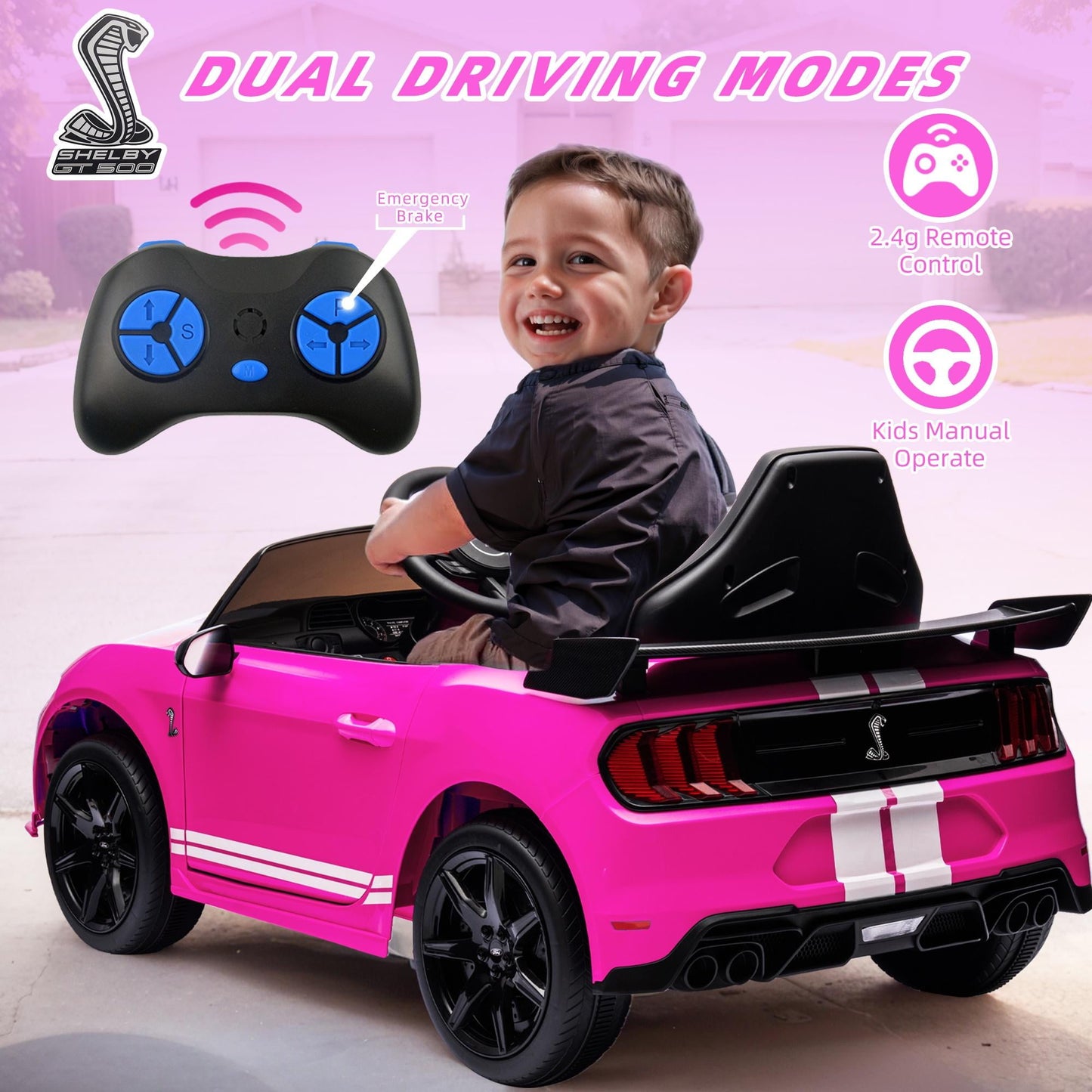 Ford Mustang Shelby 12V Ride On Car with Remote Control, Electric Car for Kids Toddler Electric Vehicle with Bluetooth, Radio, Music, USB Port, LED Lights, Battery Powered Ride on Toys for Kids, Pink