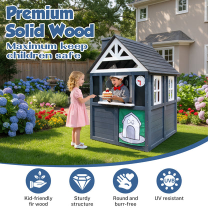iYofe Outdoor Playhouse, Wooden Playhouse for Kids Play House with Front Door, Flower Pot Holders, Stove, Sink, Doorbell, Windows, Indoor Outdoor Kids Play Equipment Gift for Ages 2+, Black+Blue