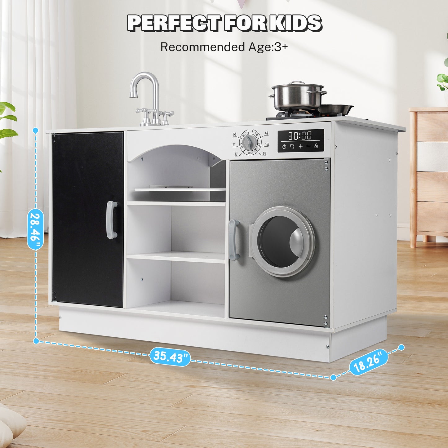 iYofe Island Play Kitchen for Kids, Wooden Kids Play Kitchen Playset Chef Pretend Play Set for Toddlers with Real Lights & Sounds, 7 Accessories, Toy Kitchen Set or Girls Boys Gift for Ages 3+, White