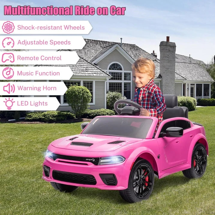 iYofe 12V Electric Battery Powered Ride on Toy for Kids, Licensed Dodge 12V Ride on Car with Remote Control, USB, MP3, Bluetooth, LED Lights, 4 Wheel Suspension, Kids Car to Ride for Ages 3-4, Pink