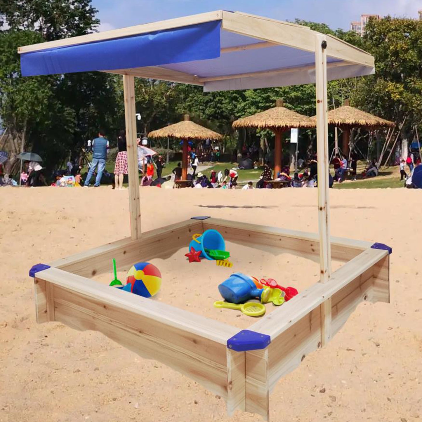 Kids Sandbox with Cover Canopy Adjustable, Wooden Sandbox with Bench and Lid, Sand Play Toy Center Outdoor