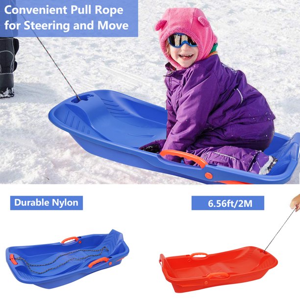 iYofe 2 Pack Snow Sled for Kids Adults, Plastic Sleds with Brake, Set of 2 Sleds with Pull Rope and Backrest for Ages 3+ Boy Girl, Outdoor Toy for Winter, Kids Christmas Gift, Blue & Orange