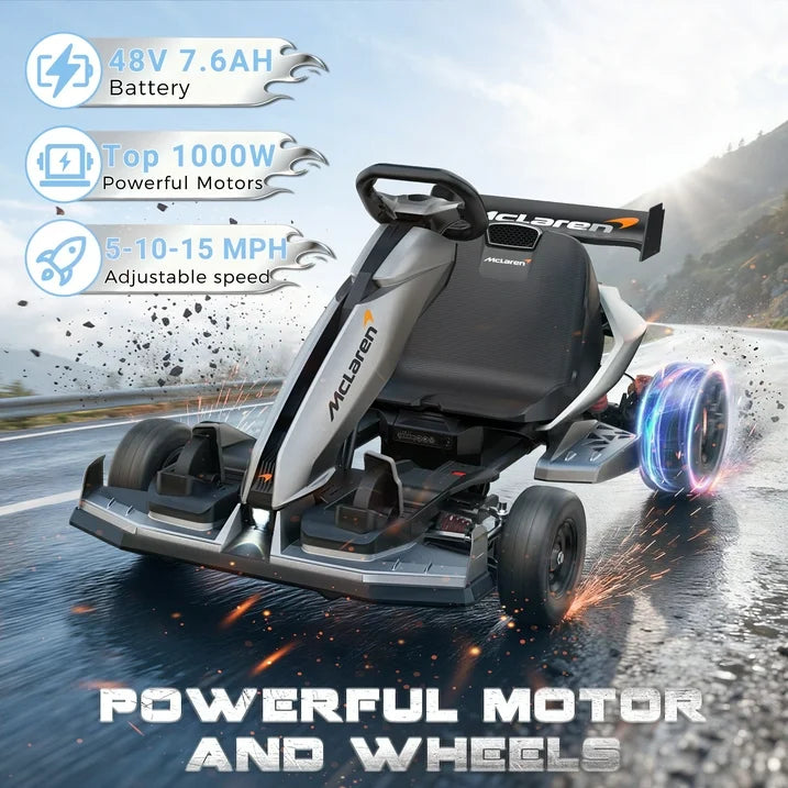 McLaren 48V Electric Go Kart for Adults & Teens, 750W Motor, 24 km/h, Hydraulic Disc Brake, 4-Wheel Spring Suspension, Adjustable Chassis, Tires, Foldable Design, Ride on Toy for Boys or Girls