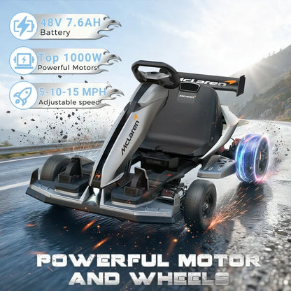 McLaren 48V Electric Go Kart for Adults & Teens, 750W Motor, 24 km/h, Hydraulic Disc Brake, 4-Wheel Spring Suspension, Adjustable Chassis, Tires, Foldable Design, Ride on Toy for Boys or Girls