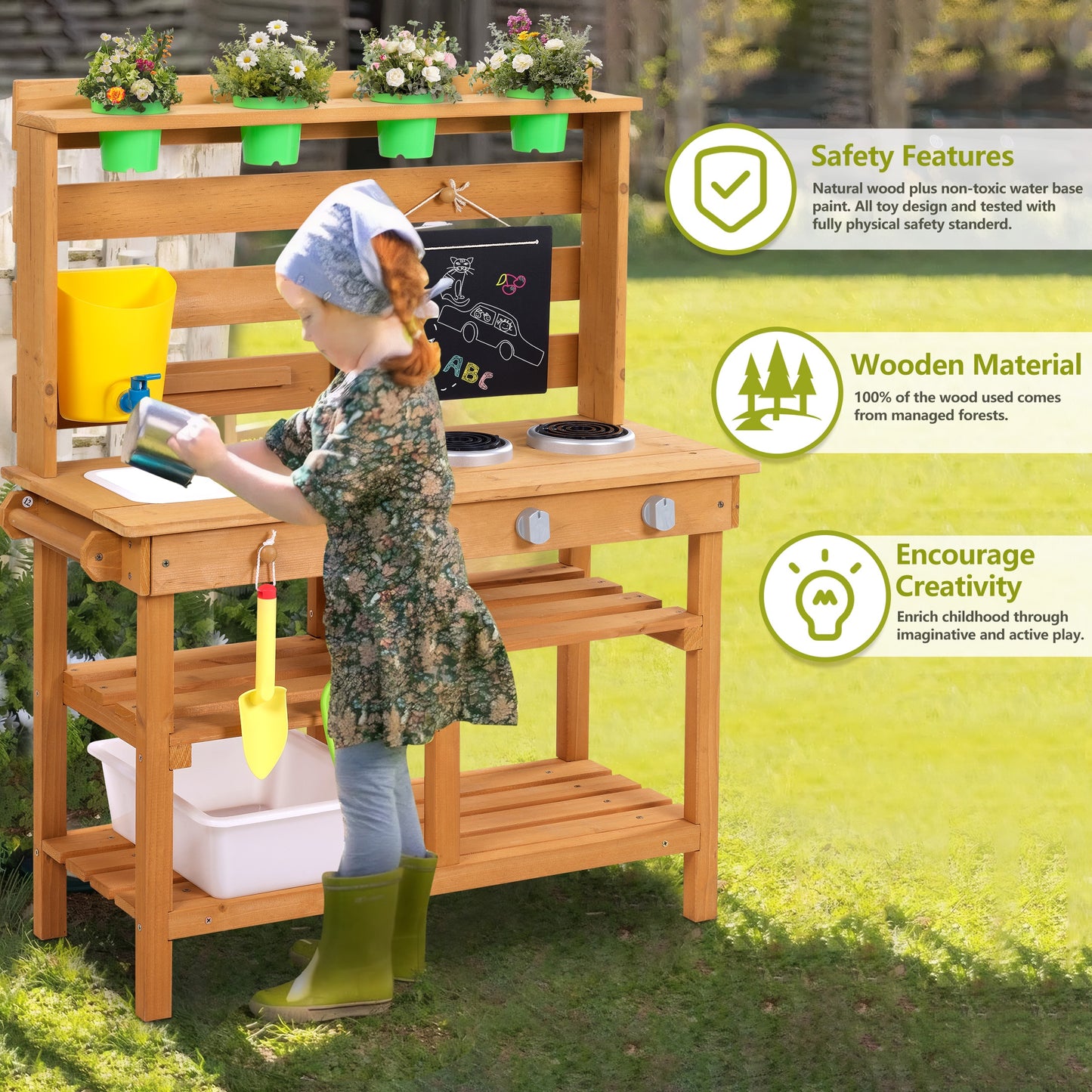 Outdoor Kids Kitchen Playset Mud Kitchen for Kids, Wooden Toy Play Kitchen Set for Boys and Girls Ages 3-8, Pretend Play Kitchen Toy with Water Sink, Faucet, Flowerpots, Chalkboard, Natural Wood