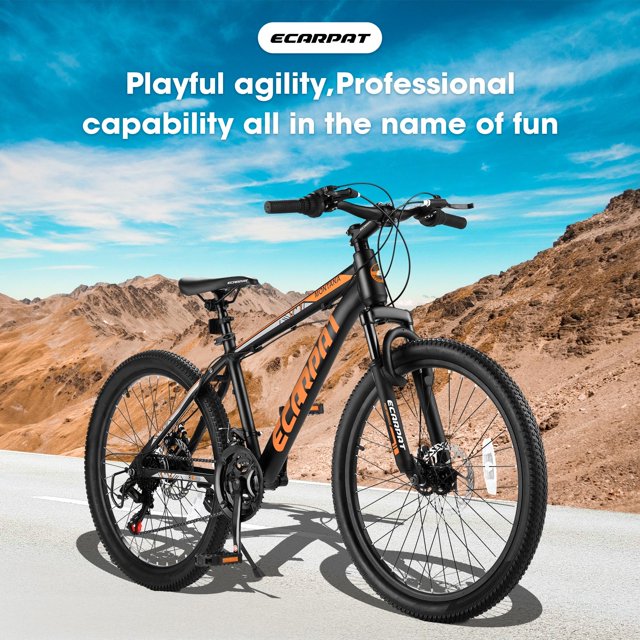 24 inch Mountain Bike Bicycle for Adults Aluminum Frame Bike, Comfort Adult Bike, Men and Women Bike Bicycle with 21 Speed Shimano Derailleur, Disc Brake, Front Suspension, Black & Orange