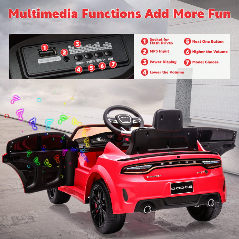 Ride on Cars, 12 V Licensed Dodge Charger Battery Powered Ride On Toys with Remote Control, MP3 Player, LED Headlights, Safety Belt, 4 Wheeler, Electric Car for Kids 3-5 Boys Girls, Red