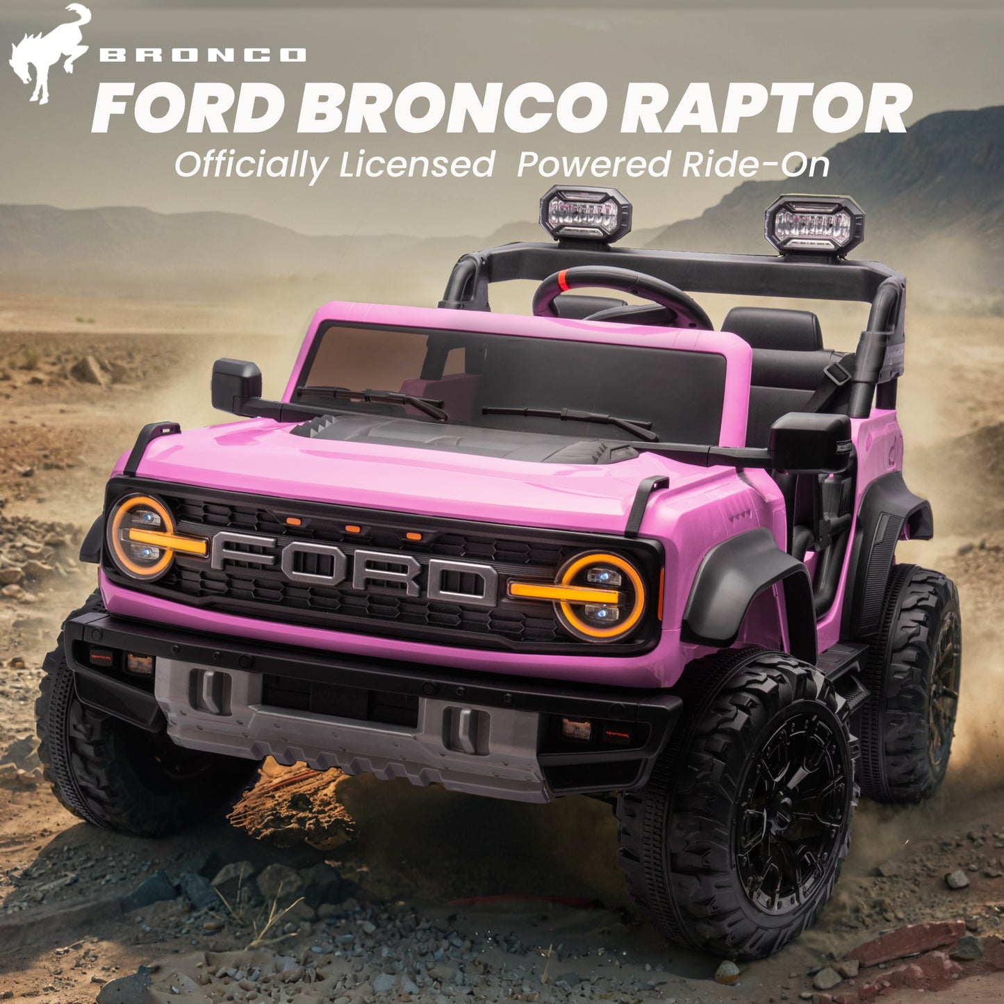 24V 2 Seater Ride on Cars, Licensed Ford Bronco Raptor Powered Ride on Toy Truck with Remote Control, Electric Car for Kids 3-8 Gifts with Bluetooth/LED Light/Spring Suspension, 4 Wheelers, Pink