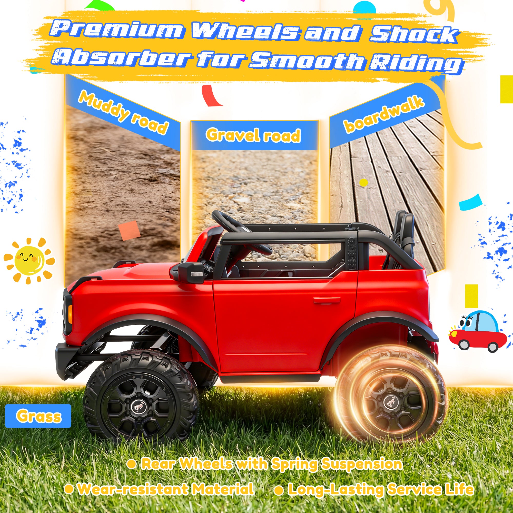 iYofe 24V Ride On Toys for Big Kids 2 Seat, Ford Bronco Base Powered Ride On Cars w/Remote Control, 4 Wheel Spring Suspension, Lights, Bluetooth, Kids Electric Car for Boys Girls Age 3-8, Pink
