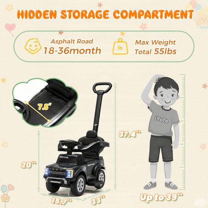 iYofe 3 In 1 Push Cars for Kids, Licensed Ford F-150 Kids Ride On Toys with Removable Parental Handle and Safety Rail, Horn, LED Lights, Ride On Car for Toddler Ages 18-36 Months, Black