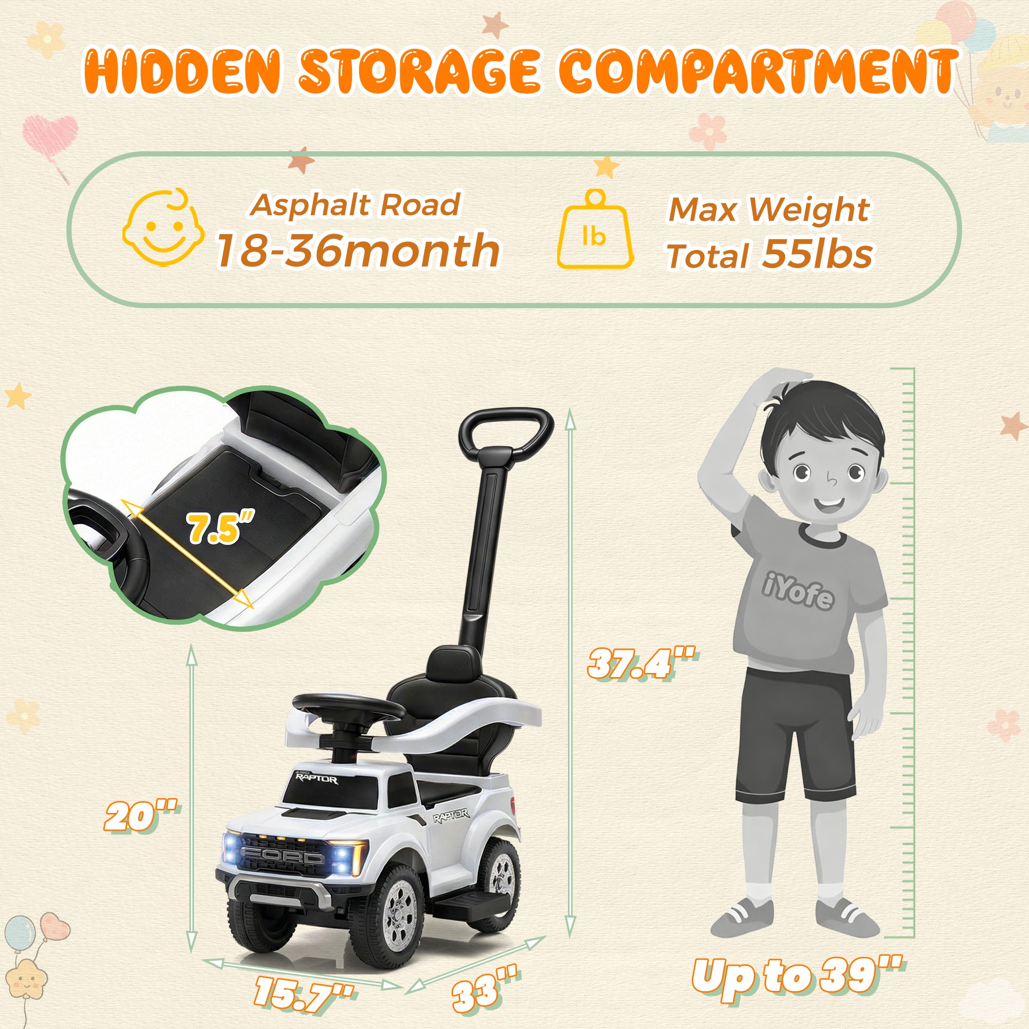 iYofe 3 In 1 Push Cars for Kids, Licensed Ford F-150 Kids Ride On Toys with Removable Parental Handle and Safety Rail, Horn, LED Lights, Ride On Car for Toddler Ages 18-36 Months, Black