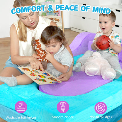 Modular Kids Play Couch Set for Toddlers Playroom, 12PCS Large Foldable Soft Kids Sofa, 3 in 1 Foam Convertible Couch Fort Building Floor Bed for Girls 3-5, Washable Velvet, Purple