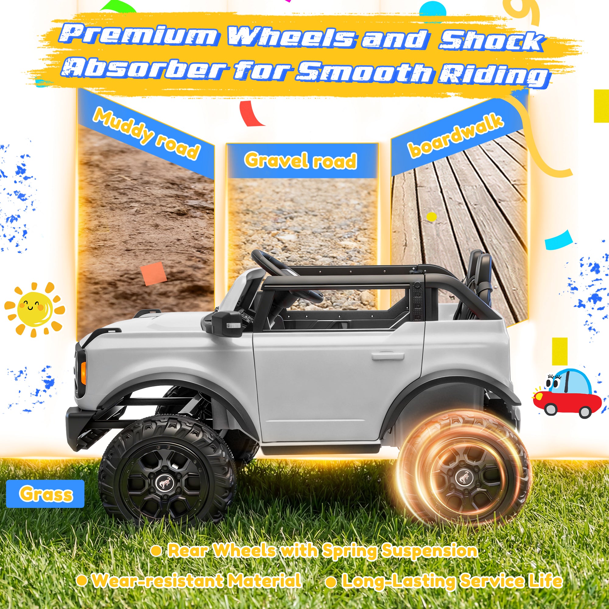 iYofe 24V Ride On Toys for Big Kids 2 Seat, Ford Bronco Base Powered Ride On Cars w/Remote Control, 4 Wheel Spring Suspension, Lights, Bluetooth, Kids Electric Car for Boys Girls Age 3-8, Pink