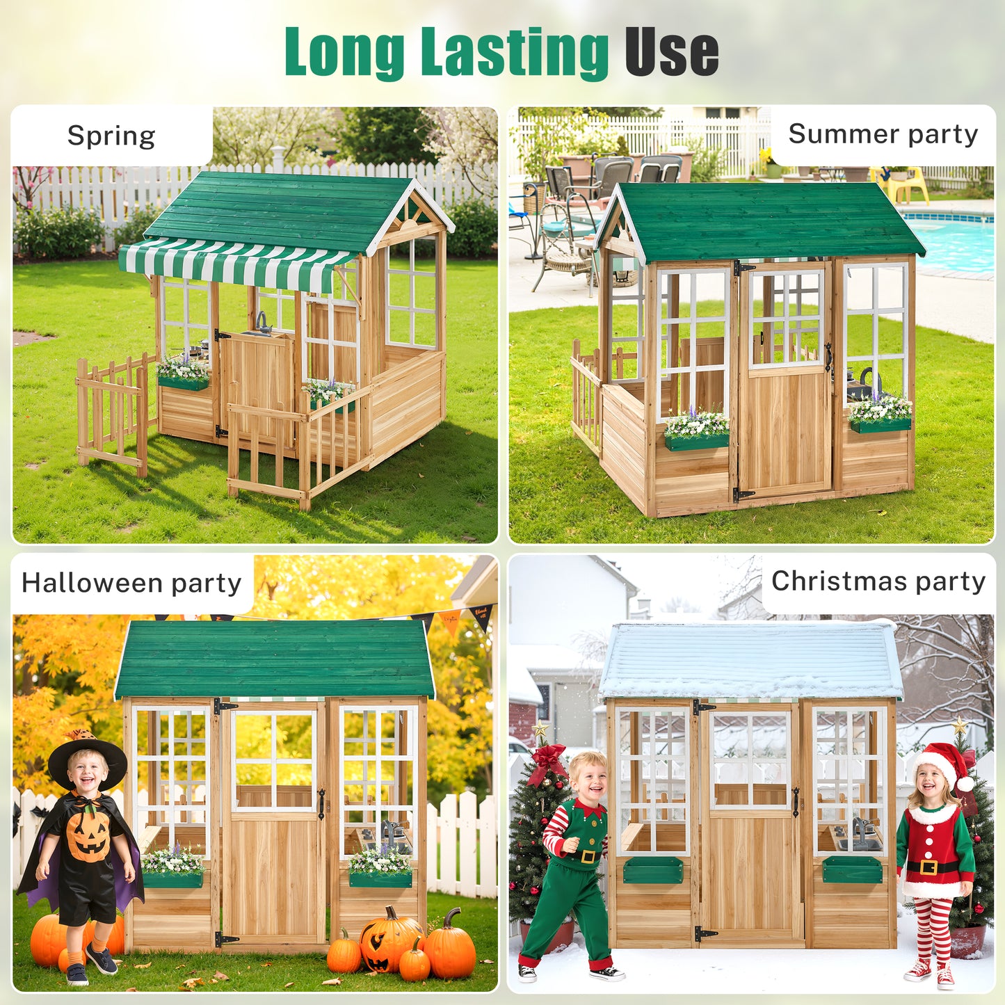 iYofe Outdoor Playhouse, Wooden Play Houses for Toddlers 1-3, Outside Playhouse with KitchenToyset, Flowerpot Holders, Fence (49.5"x62.3"x52.8")