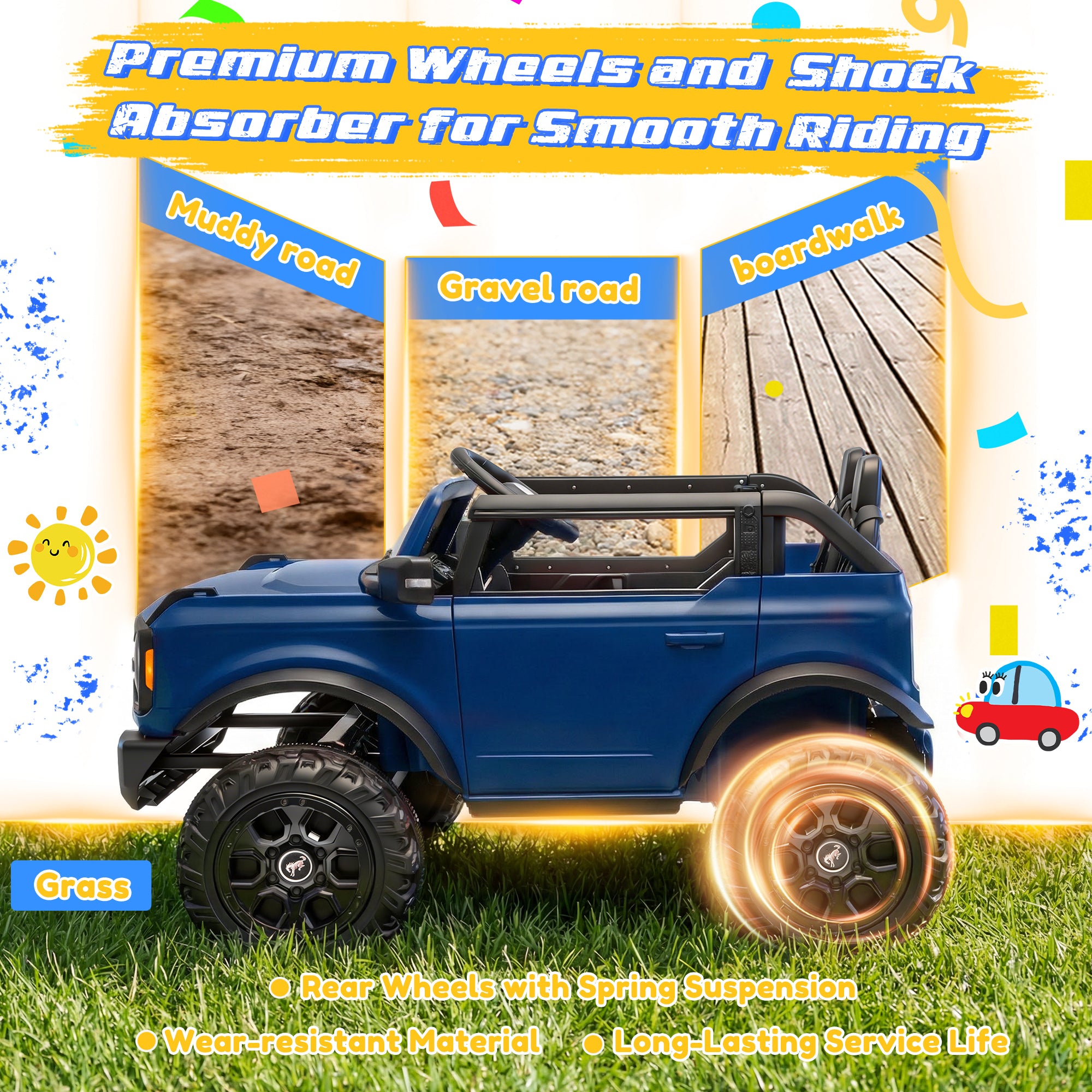 iYofe 24V Ride On Toys for Big Kids 2 Seat, Ford Bronco Base Powered Ride On Cars w/Remote Control, 4 Wheel Spring Suspension, Lights, Bluetooth, Kids Electric Car for Boys Girls Age 3-8, Pink
