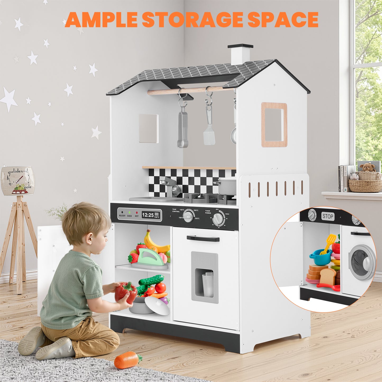 iYofe Wooden Play Kitchen for Toddlers 3-5, 2-in-1 Kids Kitchen & Laundry Playset, Montessori Toys with Realistic Cooking & Pretend Play Accessories, Learning Toys Gift for Girls & Boys