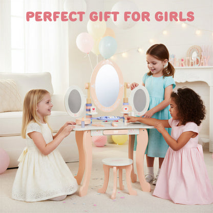 Kids Vanity Set for Girls with Mirror, 12PCS Toddler Vanity Table and Chair Set with Makeup Toys, Wood Dressing Table with Jewelry Box, Eyeshadow, Comb, Pink