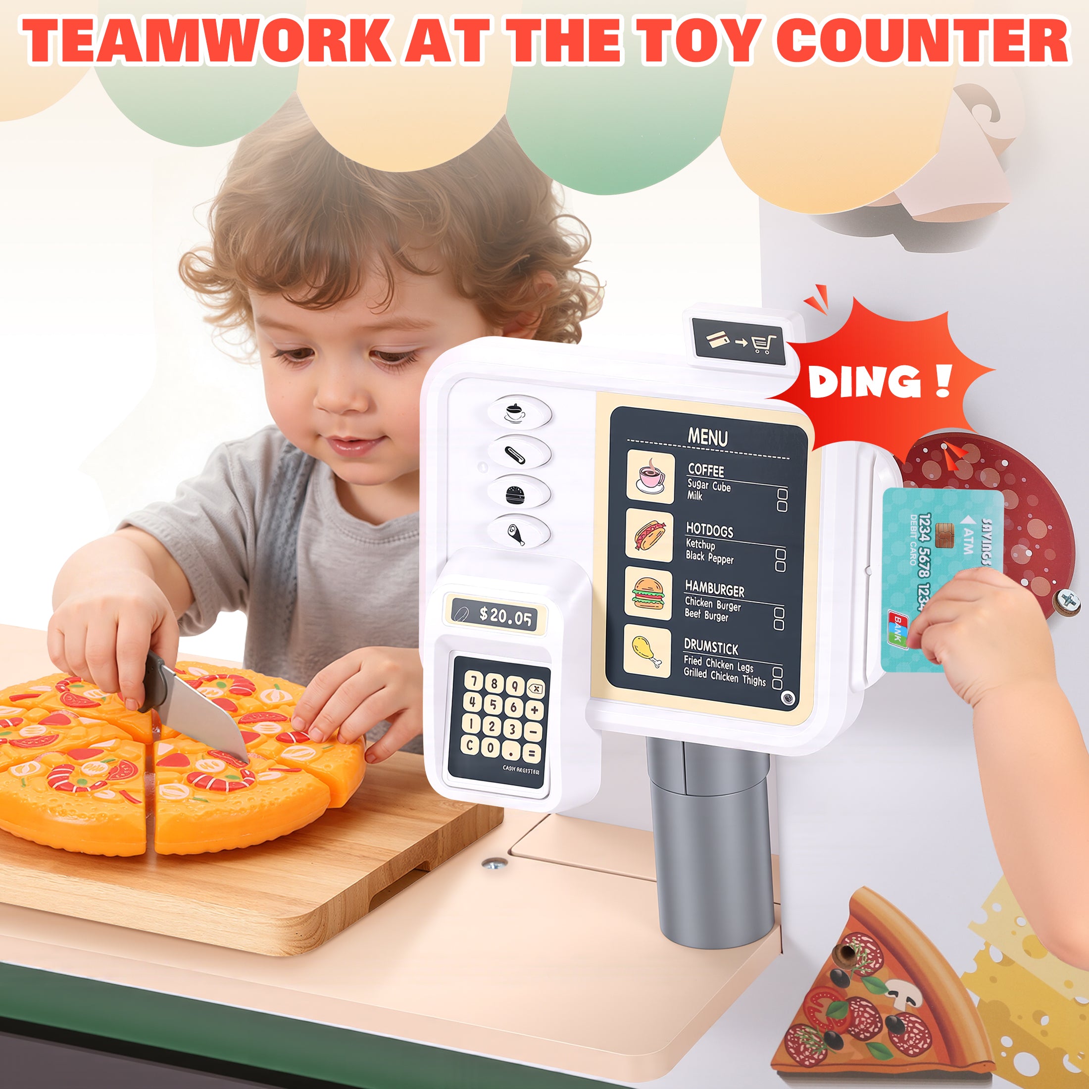 Wooden Pizza Food Truck Activity Center for Kids, 3+ | Play Kitchen for Kids with Wooden Play Food, Ice Cream Cart, Toy Kitchen Sets, Toddler Kitchen Playset, Pretend Play Food Truck Playset, Red