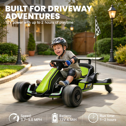 iYofe 12V Ride on Car for Kids, 360° Spin Drift Racing Go Kart with Powered PU Glowing Wheels, Water Spray Effect, Parent Remote Control, Electric Ride On Toys for Boys Girls Age 3-8
