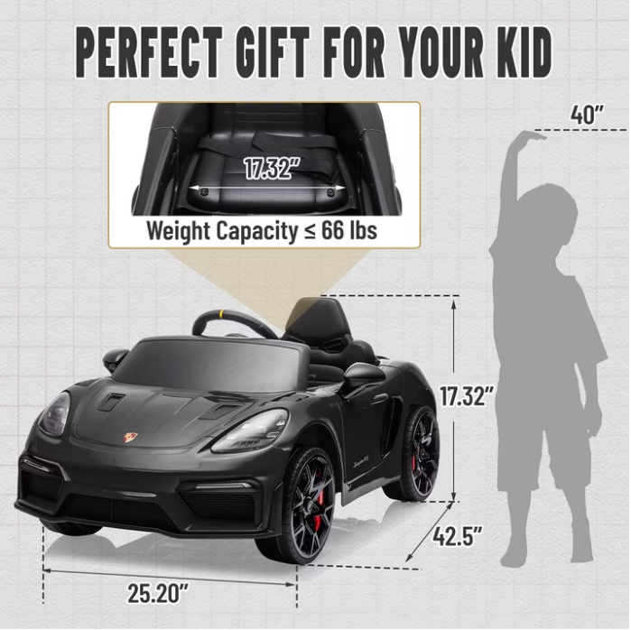 iYofe 12V Licensed Porsche Powered Ride On Car w/ Remote & Music, Ages 3+, Black