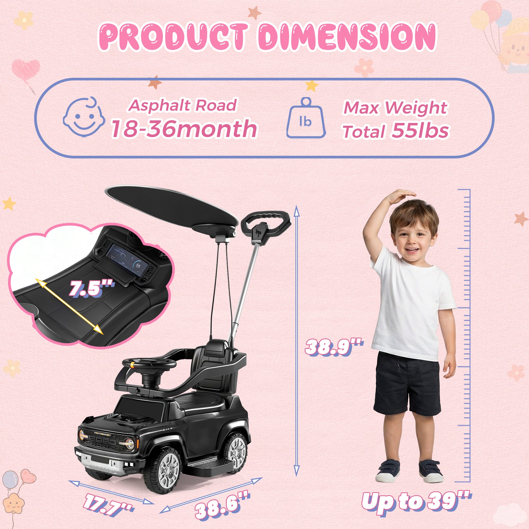 iYofe 3 In 1 Push Cars for Kids, Licensed Ford Bronco Ride On Toys w/Adjustable Handle, Canopy, Armrest Guardrail, Horn, Silent Wheels, Boys Girls Ride On Car for Toddlers Ages 18-36 Month