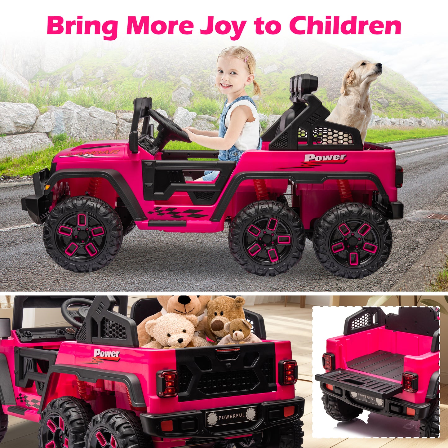 24V 4WD Kids Ride on Truck with Remote Control Ride on Toy for Boys and Girls Powerful Electric Vehicles Ride on Car for Kids 3-8 Years Old, Rear Storage Box, Bluetooth