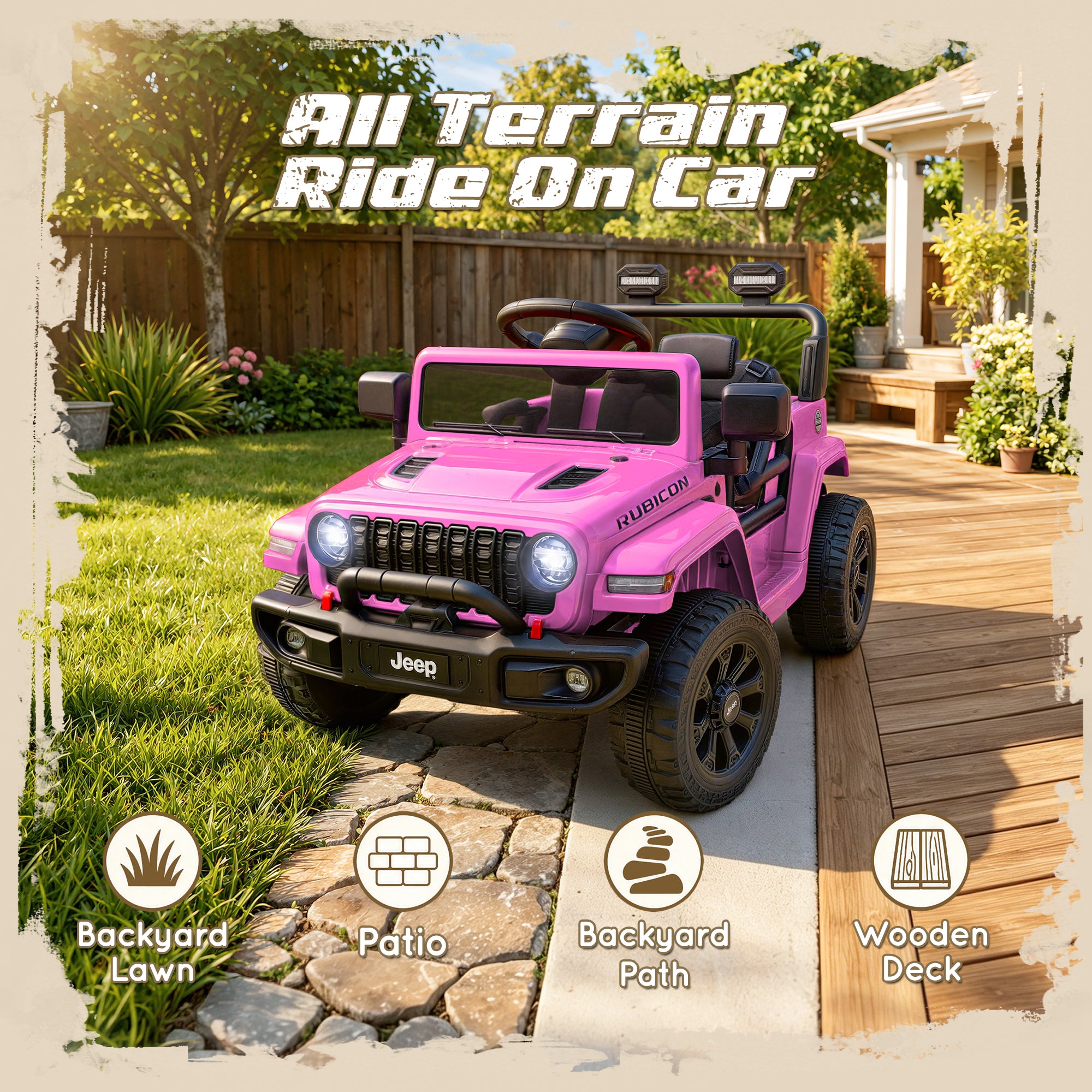 iYofe 12V Ride On Cars for Kids, Licensed Jeep Rubicon Powered Electric Car w/Dual Wheels Suspension, Parent Remote Control, Lights, Music, Ride On Toys for Boys Girls Age 3+, Pink