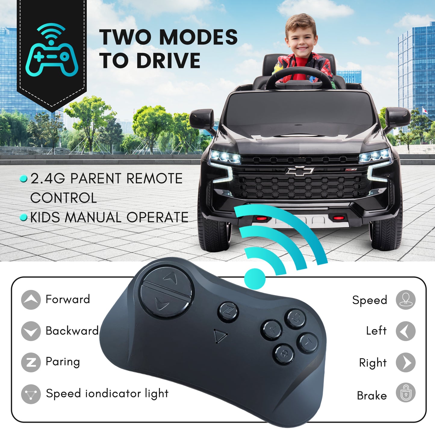 Chevrolet Tahoe Kids Ride on Car, 12V Powered Ride on Toy with Remote Control, 4 Wheels Suspension, Safety Belt, MP3 Player, LED Lights, Electric Vehicles for 3-5 Years Boys Girls