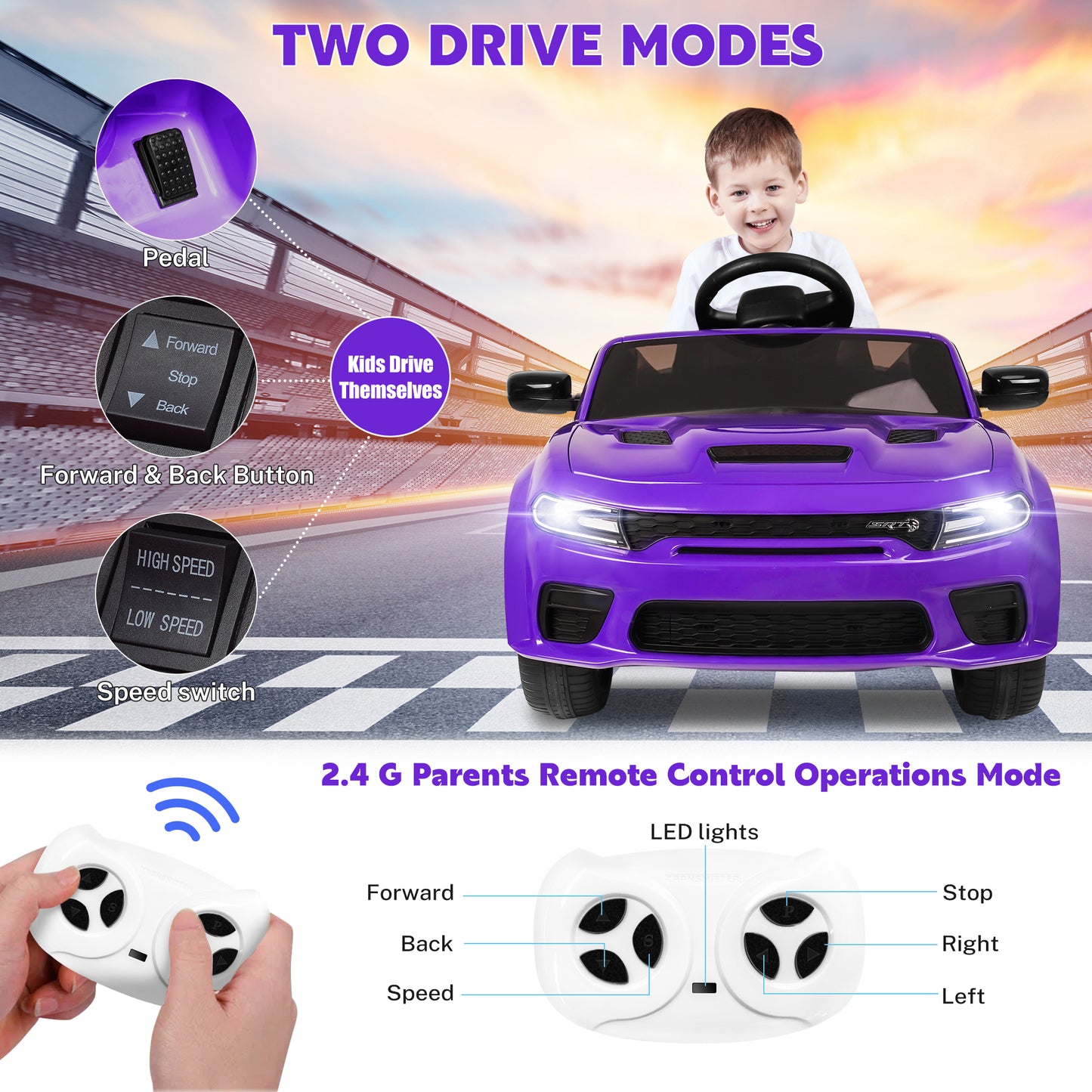 Dodge Electric Ride on Cars for Kids, 12V Licensed Dodge Charger SRT Powered Ride On Toys Cars with Parent Remote Control, Electric Car for Girls 3-5 w/Music Player/LED Headlights/Safety Belt, Purple