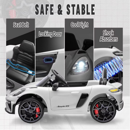 iYofe 12V Licensed Porsche Powered Ride On Car w/ Remote & Music, Ages 3+, White