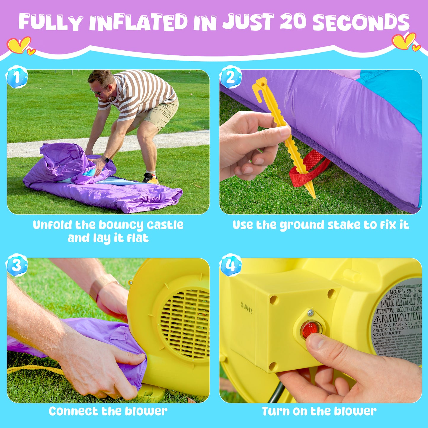 Bounce House with Blower, Outdoor Bounce Castle with Slide/Basketball Hoop/Ball Pit/Ring-toss Game/Pitching Game, Jump House for Kids Toddlers Ages 3-12