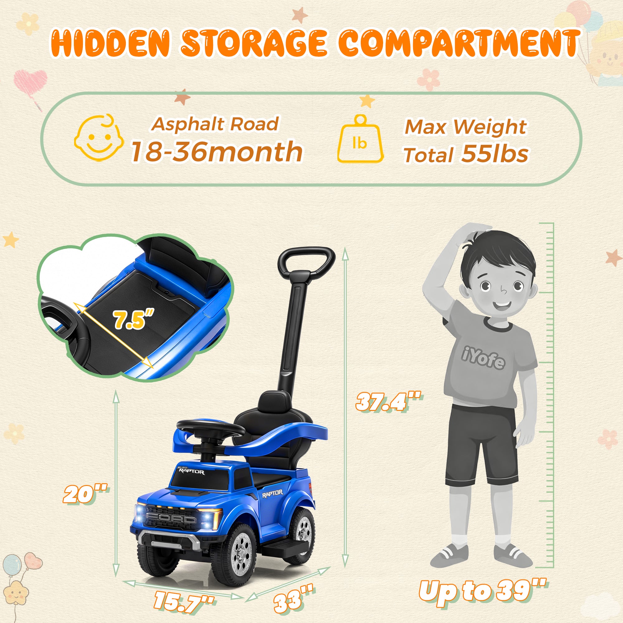 iYofe 3 In 1 Push Cars for Kids, Licensed Ford F-150 Kids Ride On Toys with Removable Parental Handle and Safety Rail, Horn, LED Lights, Ride On Car for Toddler Ages 18-36 Months, Black