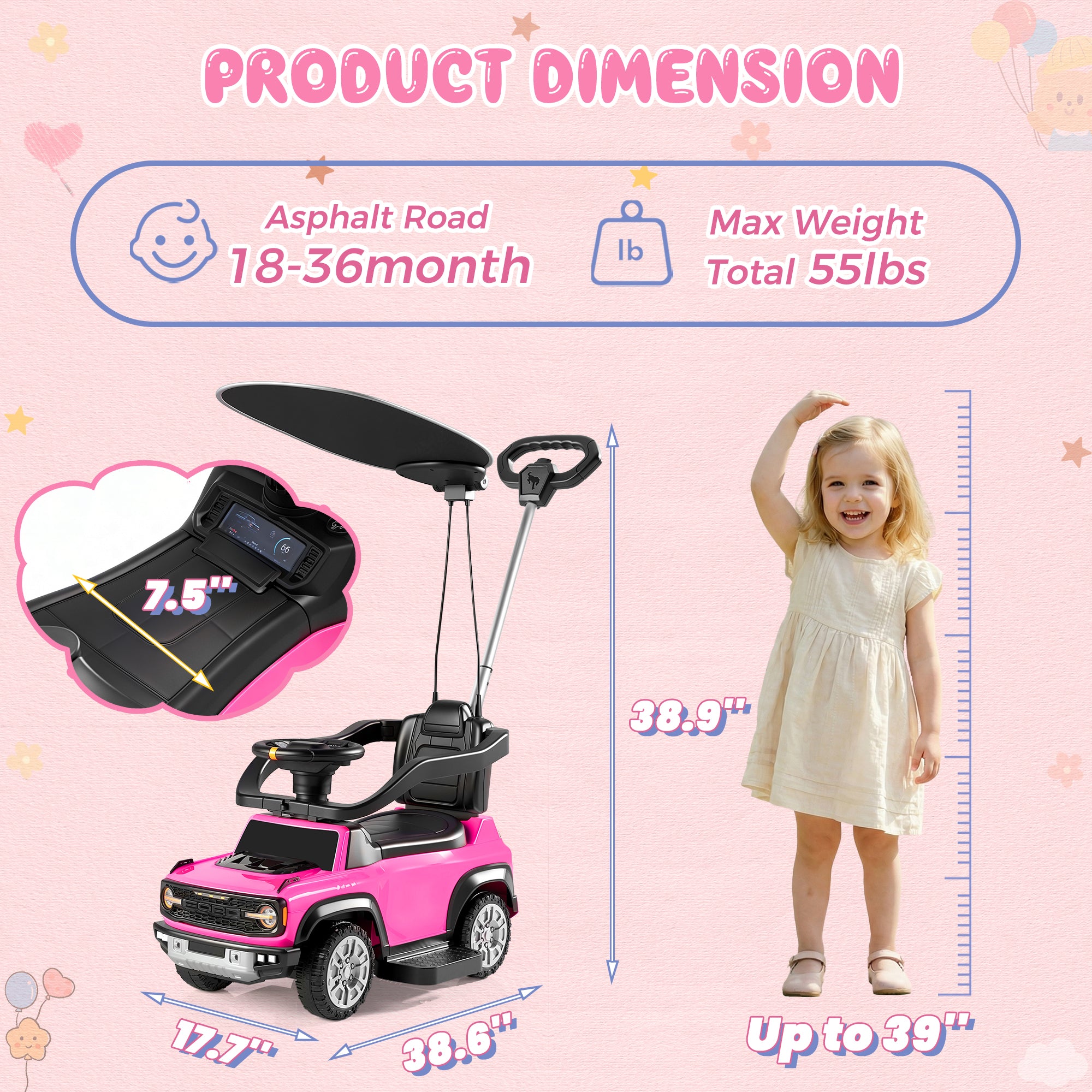 iYofe 3 In 1 Push Cars for Kids, Licensed Ford Bronco Ride On Toys w/Adjustable Handle, Canopy, Armrest Guardrail, Horn, Silent Wheels, Boys Girls Ride On Car for Toddlers Ages 18-36 Month