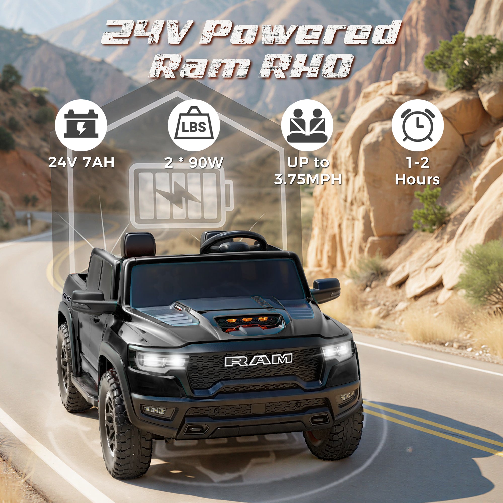 iYofe Ram 24V Ride on Car 2 Seater, Ram 1500 RHO Battery Powered Electric Car Truck with 4 Wheels, Ride on Toy with Remote Control for Big Kids Toddlers 3-8 Boys Girls, Bluetooth & Trunk